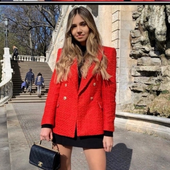 ZARA TEXTURED TWEED DOUBLE-BREASTED RED BLAZER size S - Picture 12 of 16